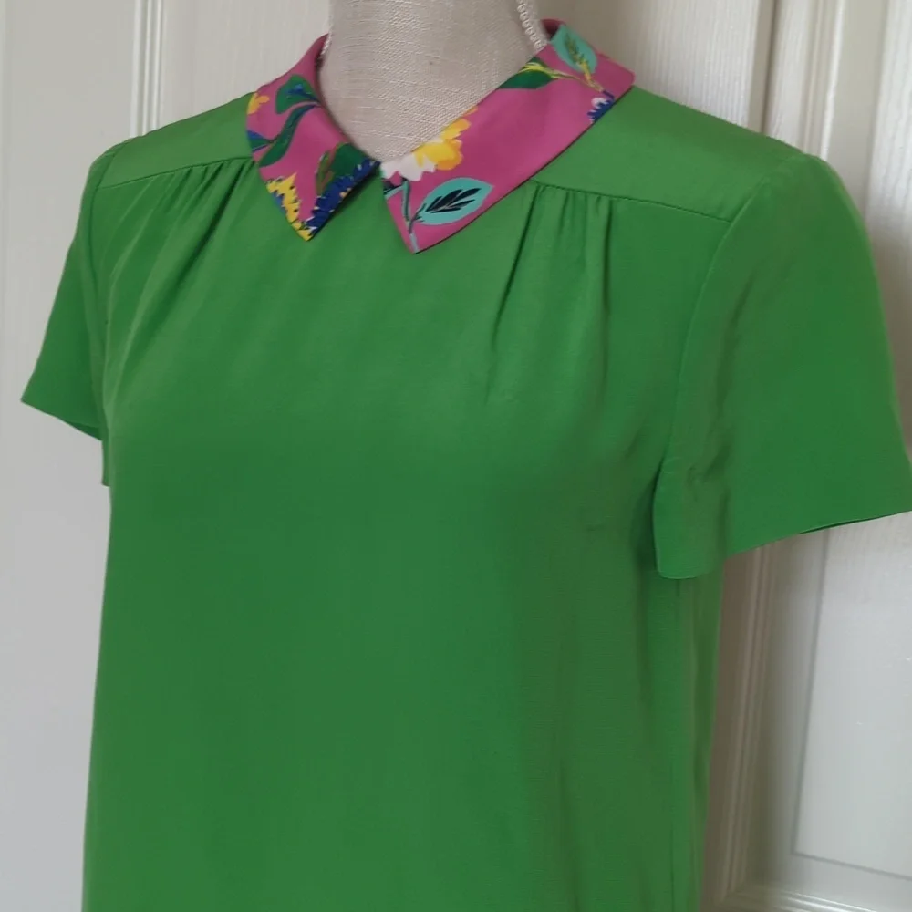 Kate Spade Bright Green Short-Sleeve Top with Pink Floral Collar